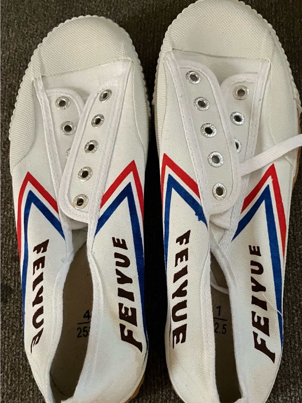 Feiyue White Canvas Sneakers with Red & Blue Chevron Accents Never Worn Size 10